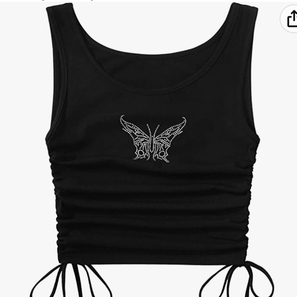 Vintage butterfly tank Y2K - black/rhinestone - ruched side - ribbed